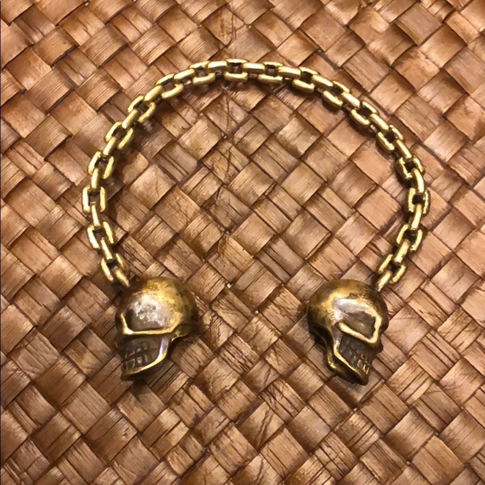 Bronze chain link double skull head bracelet